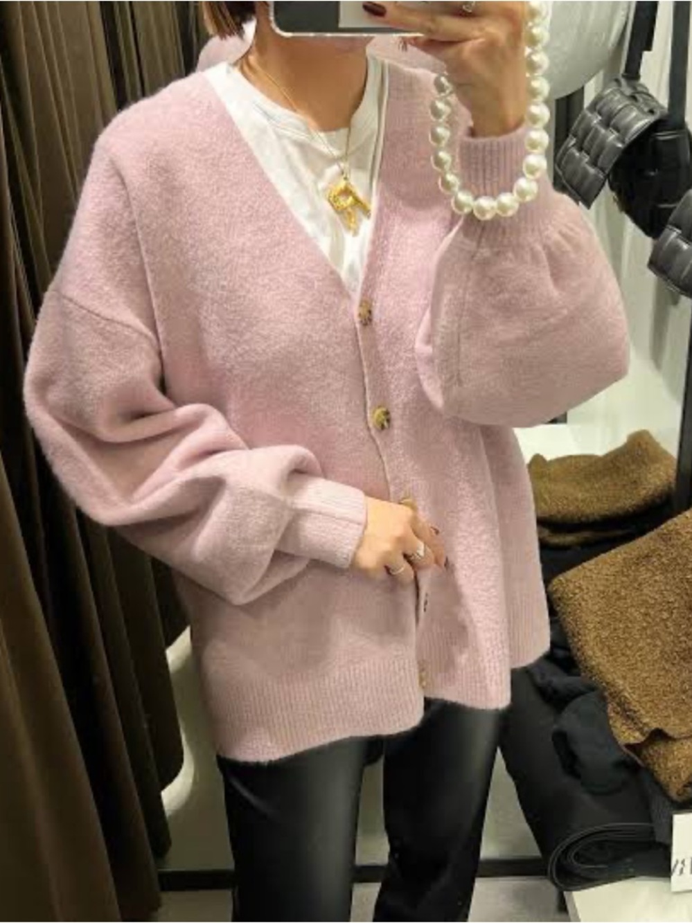 Zara Oversized Balloon Sleeve Button Up Cardigan Sweater Pink - Picture 4 of 10